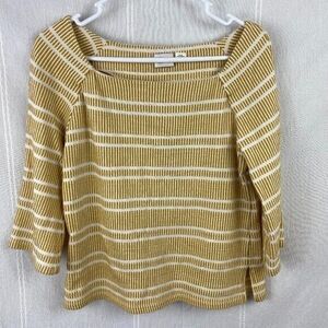 Anthropologie (9-H15-STCL) Top Sz small Mustard Yellow and Cream 3/4 Sleeve Knit